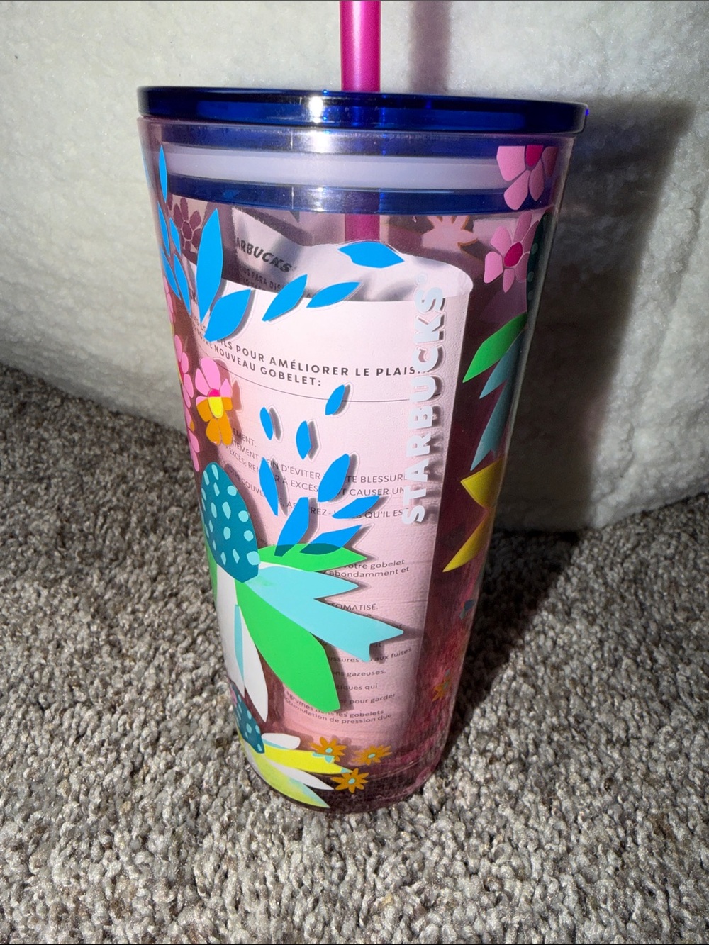 Starbucks Pink Floral Cold Cup with Blue Lid and Pink Straw